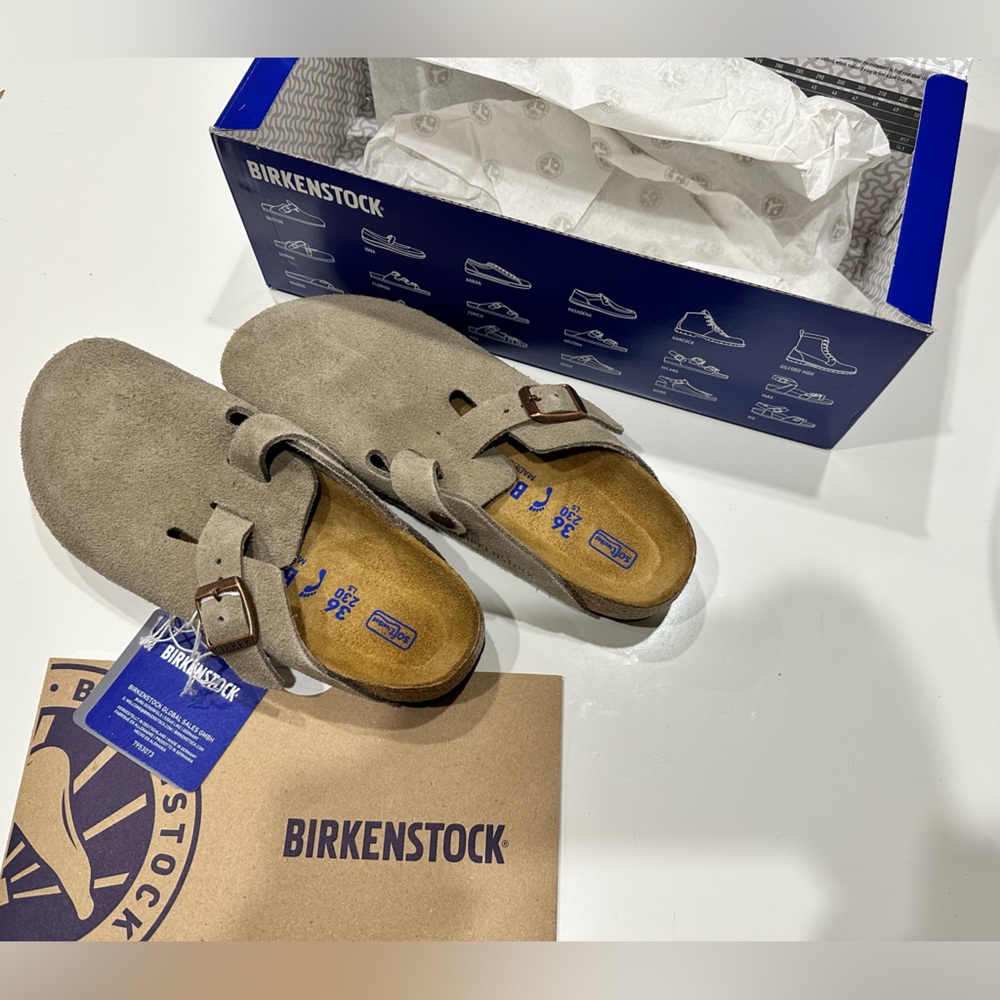 NWT Never worn. Size 36, soft footbed, taupe Boston Birkenstocks.